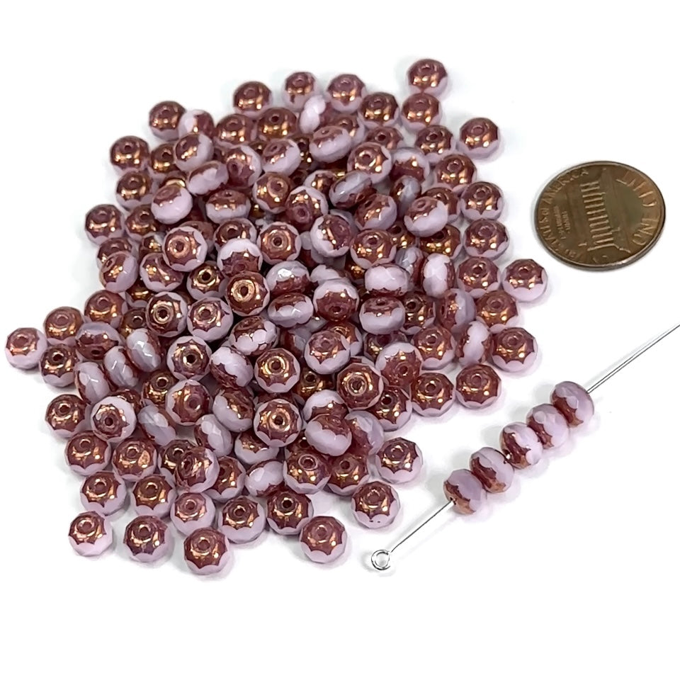 Czech Faceted Glass Doughnut Shaped Fire Polished Rondelle Spacer Beads 7mm Pink Alabaster Bronze coated tire/donut beads 36pcs J463