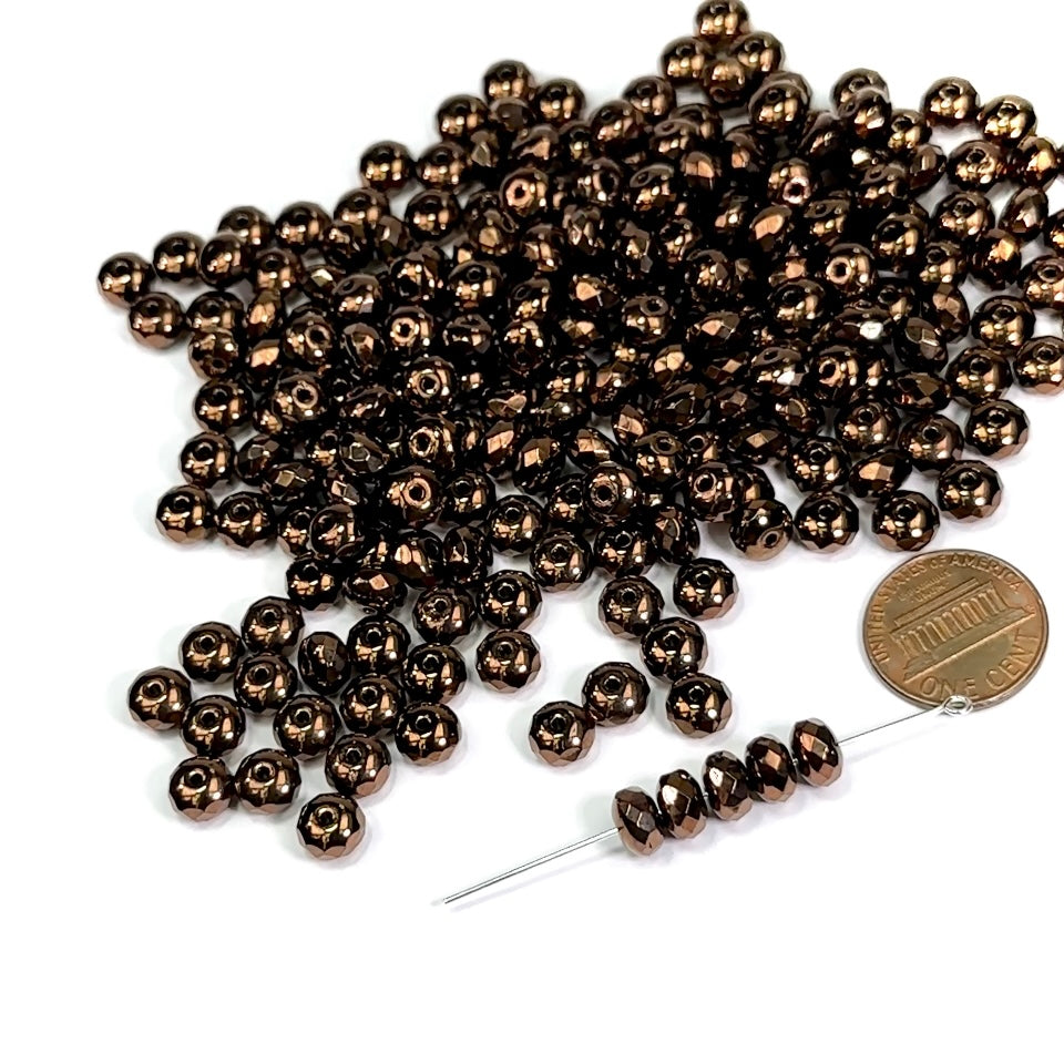Czech Faceted Glass Doughnut Shaped Fire Polished Rondelle Spacer Beads 7mm Jet Antique Bronze coated tire/donut beads 36pcs J466