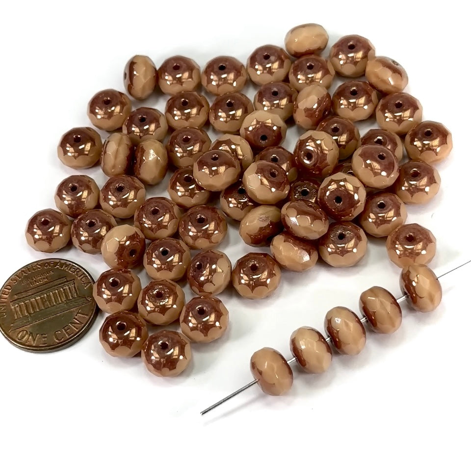 Czech Faceted Glass Doughnut Shaped Fire Polished Rondelle Spacer Beads 9mm Light Brown Opaque Bronze coated tire/donut beads 24pcs J472