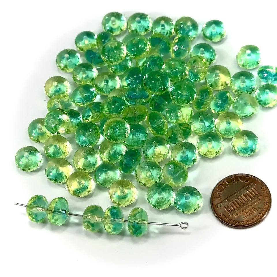 Czech Faceted Glass Doughnut Shaped Fire Polished Rondelle Spacer Beads 9mm Yellow Peacock tire/donut beads 24pcs J480