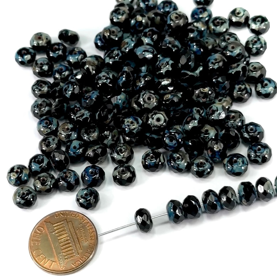 Czech Faceted Glass Doughnut Shaped Fire Polished Rondelle Spacer Beads 6mm Jet black Picasso coated tire/donut beads 36pcs J493