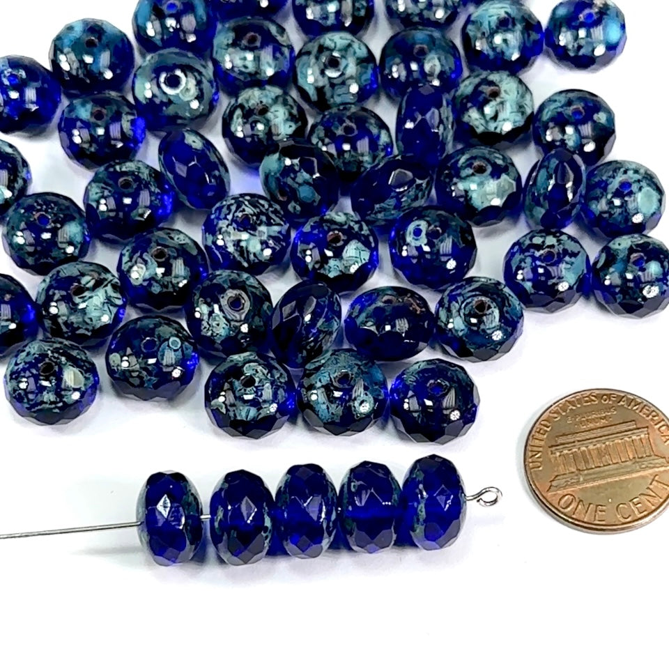 Czech Faceted Glass Doughnut Shaped Fire Polished Rondelle Spacer Beads 11mm Cobalt Blue Picasso coated tire/donut beads 12pcs J497
