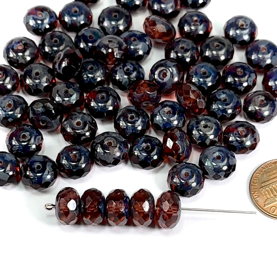 Czech Faceted Glass Doughnut Shaped Fire Polished Rondelle Spacer Beads 11mm Dark French Rose Picasso coated tire/donut beads 12pcs J499