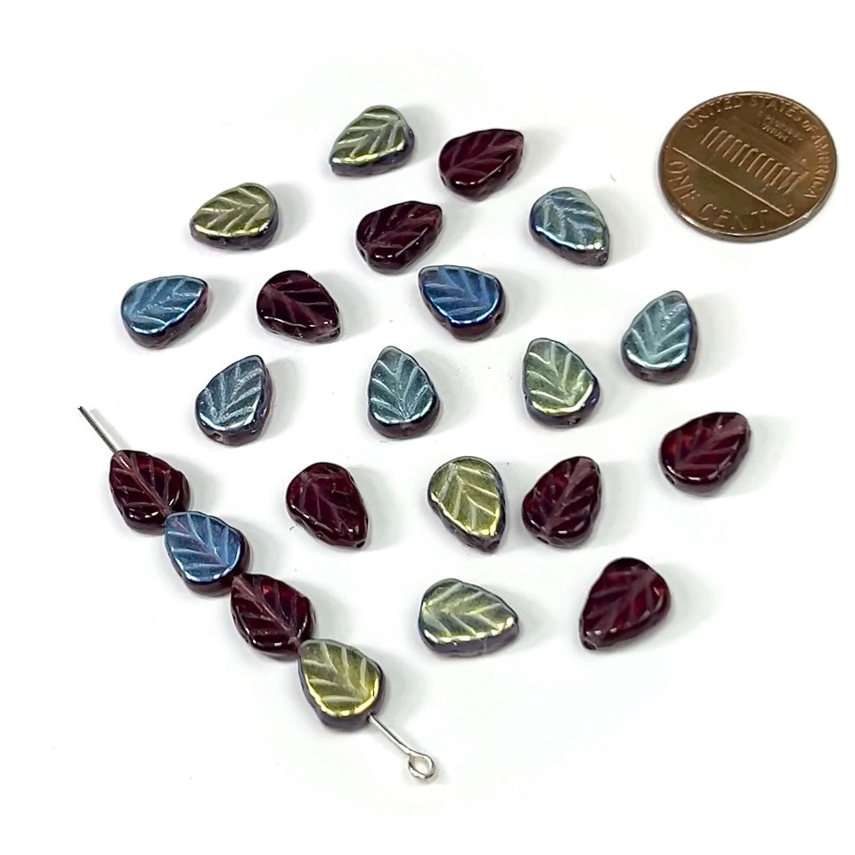 Czech Pressed Druk Glass Small Flat Leaf Beads 10x8mm Amethyst AB purple 24 pieces J502