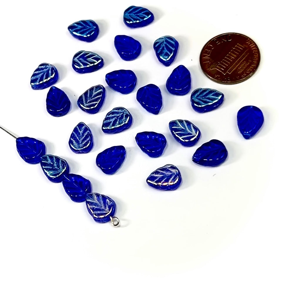 Czech Pressed Druk Glass Small Flat Leaf Beads 10x8mm Sapphire AB blue 24 pieces J506