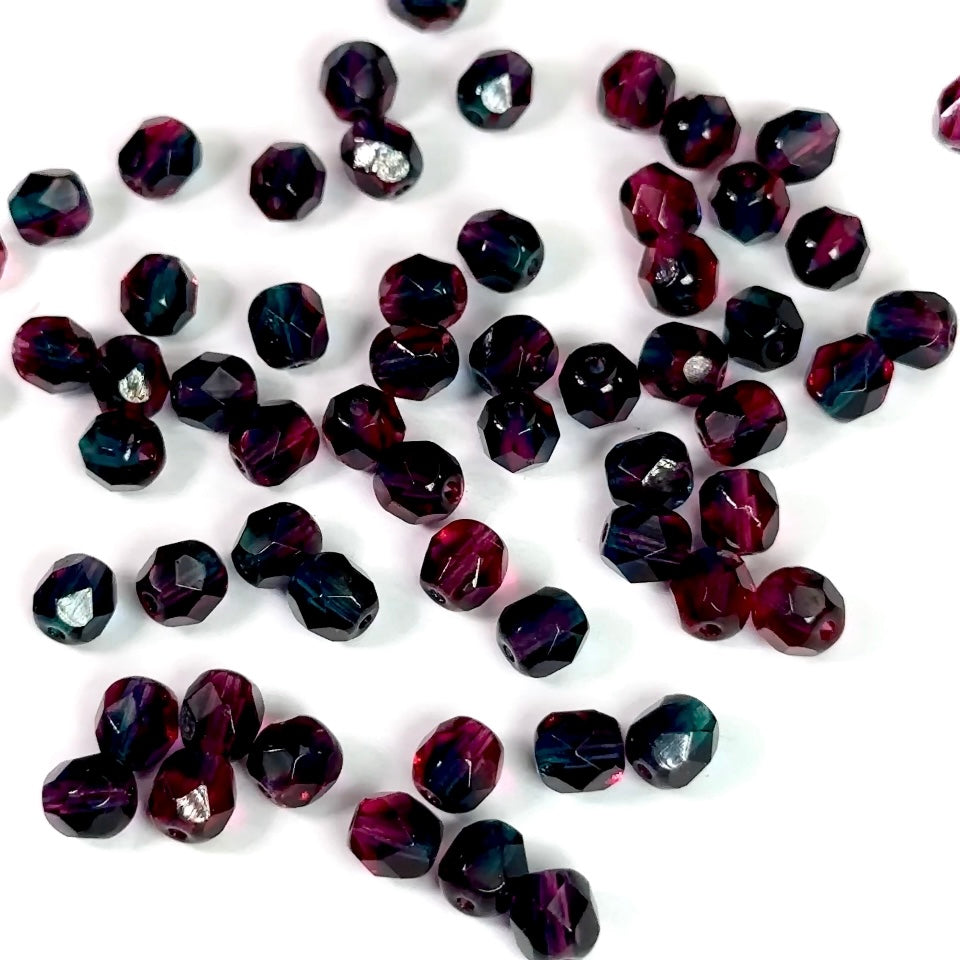 Thistle 2-tone Czech Fire Polished Round Faceted Glass Beads dark pink and green 6mm 60pcs J535