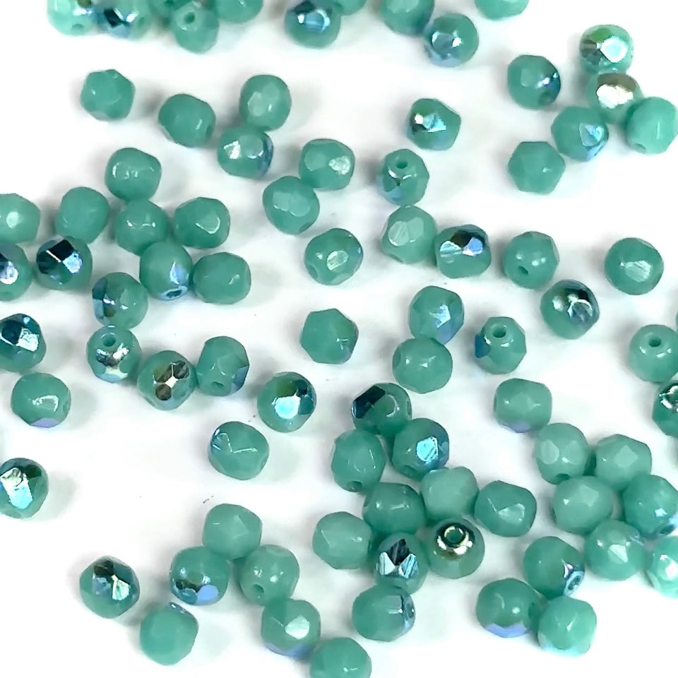 Green Turquoise AB coated Opaque Czech Fire Polished Round Faceted Glass Beads 4mm 100pcs J541