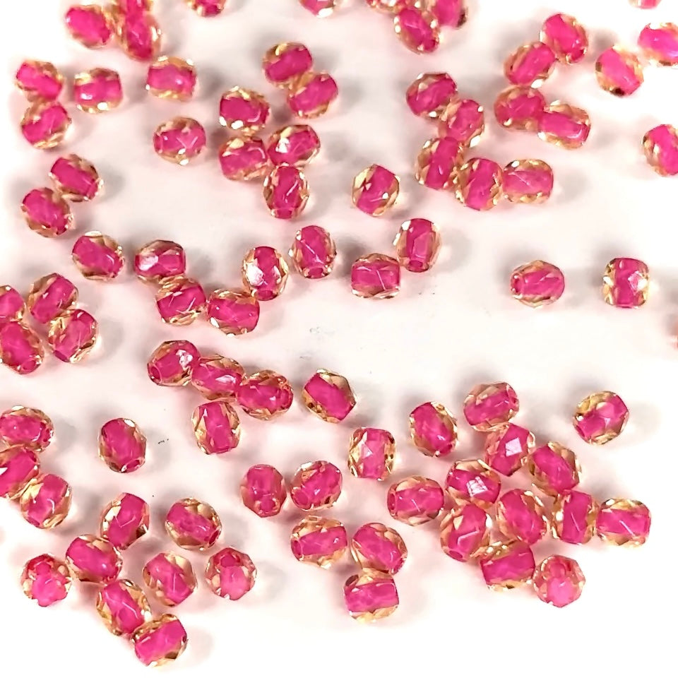 Yellow Crystal Pink Lined Czech Fire Polished Round Faceted Glass Beads 4mm 100pcs J544
