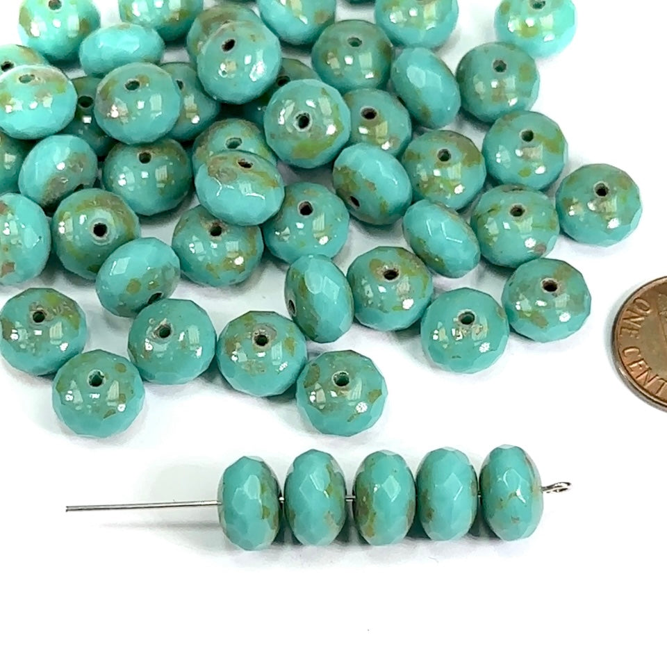 Czech Faceted Glass Doughnut Shaped Fire Polished Rondelle Spacer Beads 11mm Green Turquoise Opaque Light Picasso coated tire/donut beads 12pcs J700