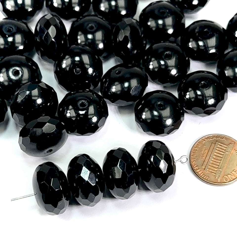 Czech Faceted Glass Doughnut Shaped Fire Polished Rondelle Spacer Beads 17mm Jet black tire/donut beads 6pcs J705