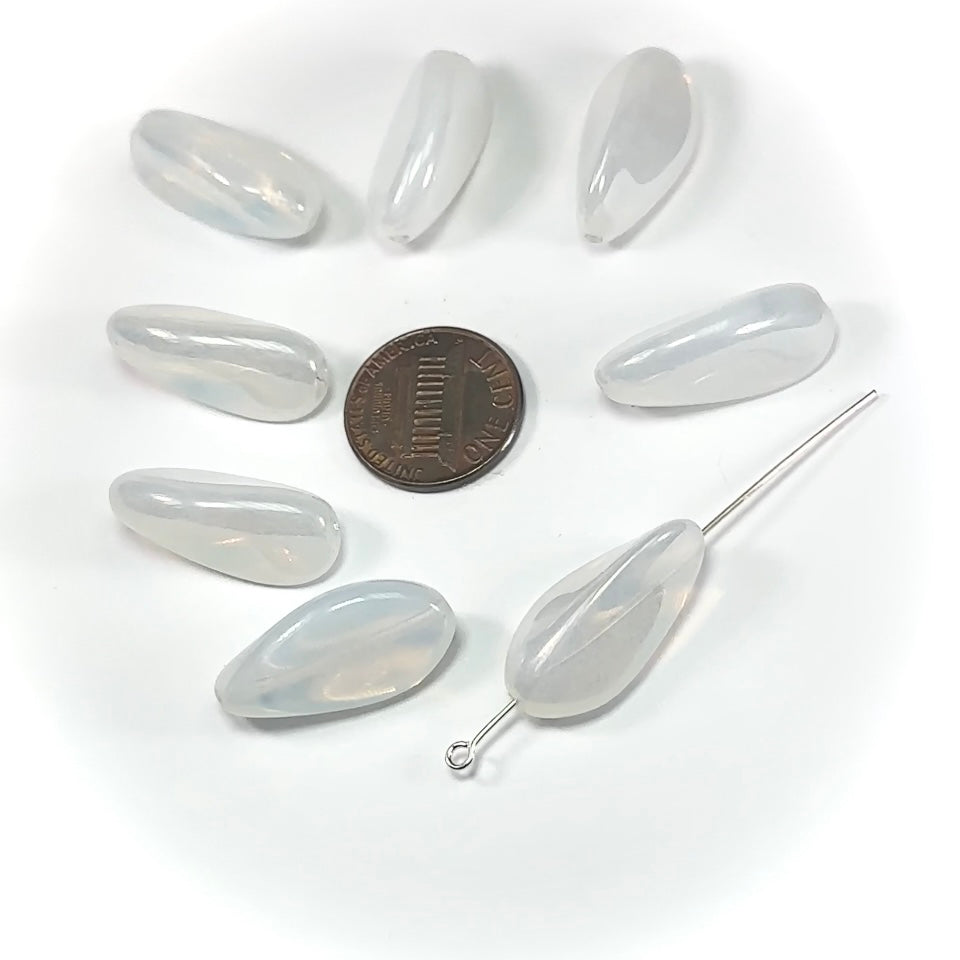 Czech Glass Fancy Shaped Beads 24x13mm White Opal Luster 8 pieces J713