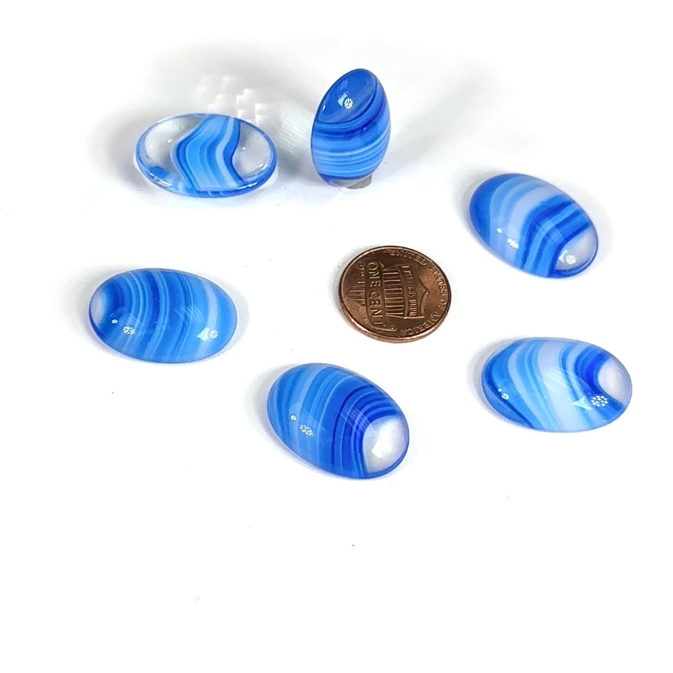 Blue Striped Czech Glass Low Dome Oval Cabochons 6 pieces size 25x18mm J756