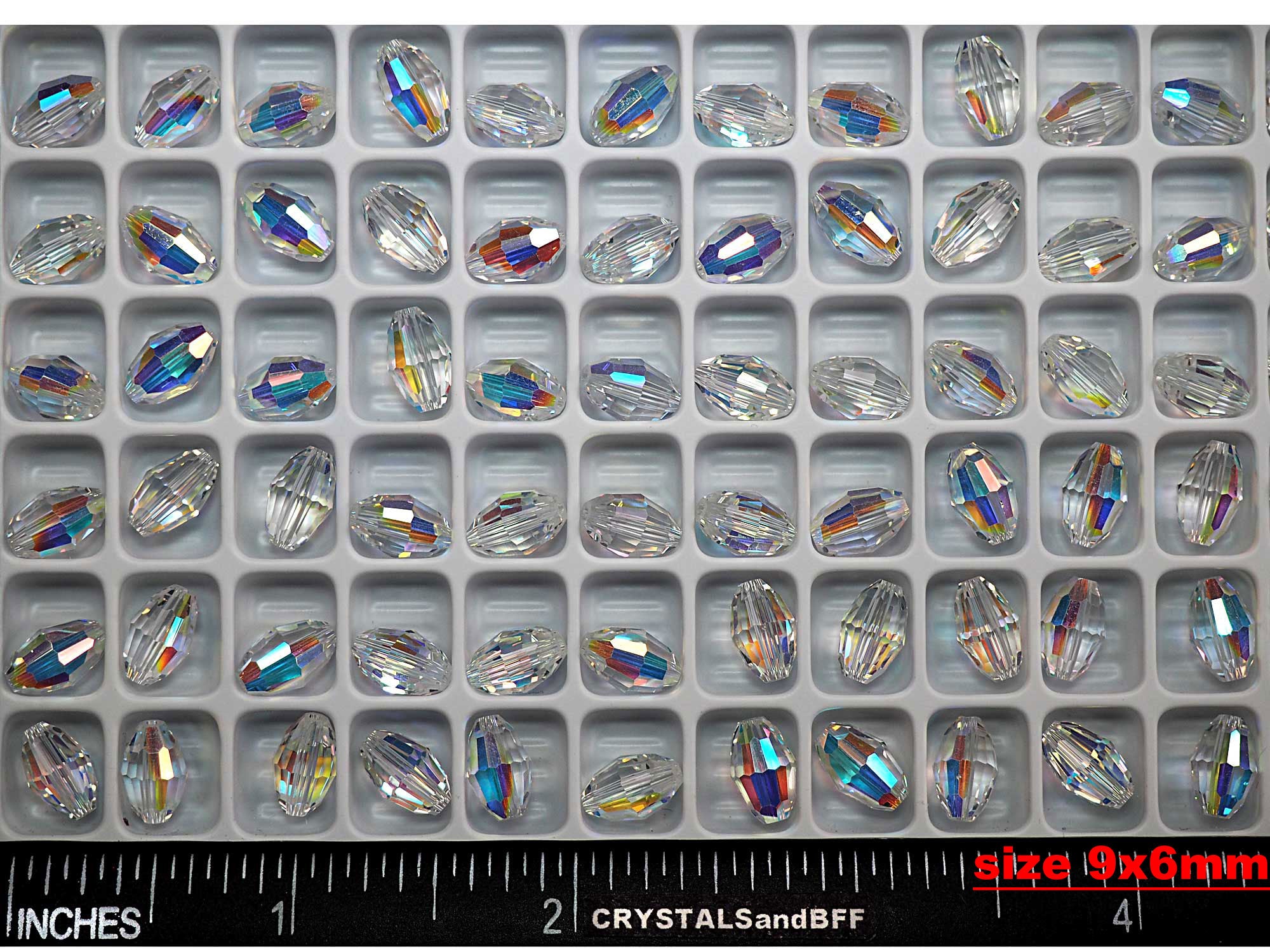 Crystal AB, Preciosa Czech Machine Cut Olive Crystal Beads, barrel shape in sizes 6x4mm, 7.5x5mm, 9x6mm, 10.5x7mm, 36 pieces (#5200 cut)