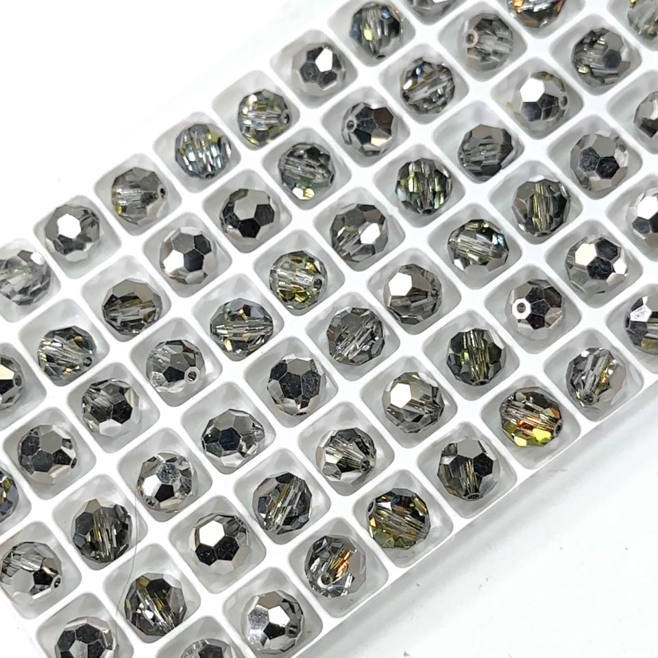 Crystal Marea Silver 28036 coated Czech Machine Cut Round Crystal Beads sizes 6mm and 8mm rosary size clear crystals coated with outside Silver and inside Marea reflection