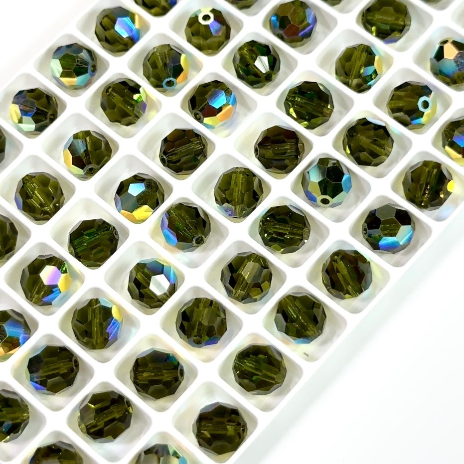 Olivine AB coated Czech Machine Cut Round Crystal Beads olive green coated with Aurora Borealis 8mm 10mm 12mm Rosary Beads
