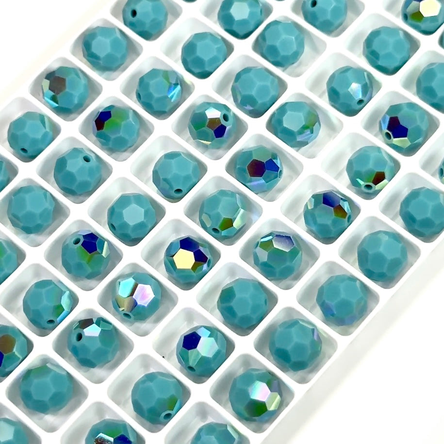 Turquoise AB coated Czech Machine Cut Round Crystal Beads opaque blue-green coated with Aurora Borealis 8mm Rosary Beads