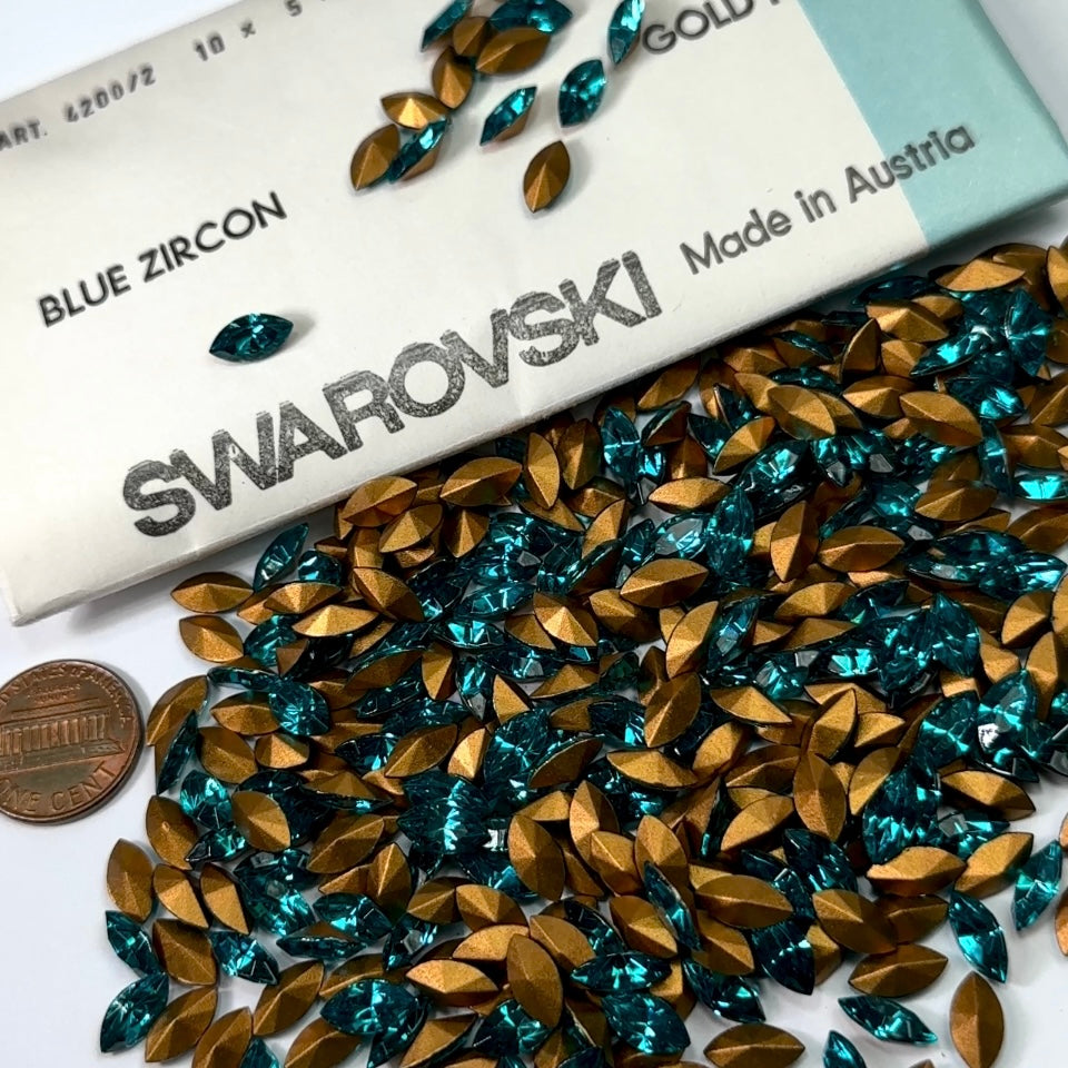 Swarovski Art.# 4200/2 TTC - Blue Zircon Gold Foiled Table Cut Navette Pointed Back Stones in size 10x5mm 360pcs SW075