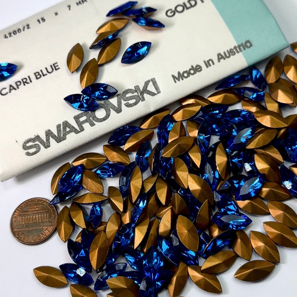 Swarovski Art.# 4200/2 TTC - Capri Blue Gold Foiled Table Cut Navette Pointed Back Stones in size 15x7mm 144pcs SW076