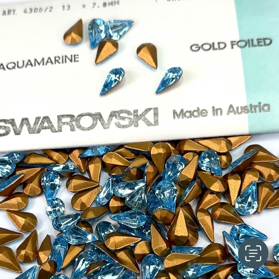 Swarovski Art.# 4300/2 TTC - Aquamarine blue Gold Foiled Table Cut Pearshape Pointed Back Stones in size 13x7.8mm 144pcs SW087