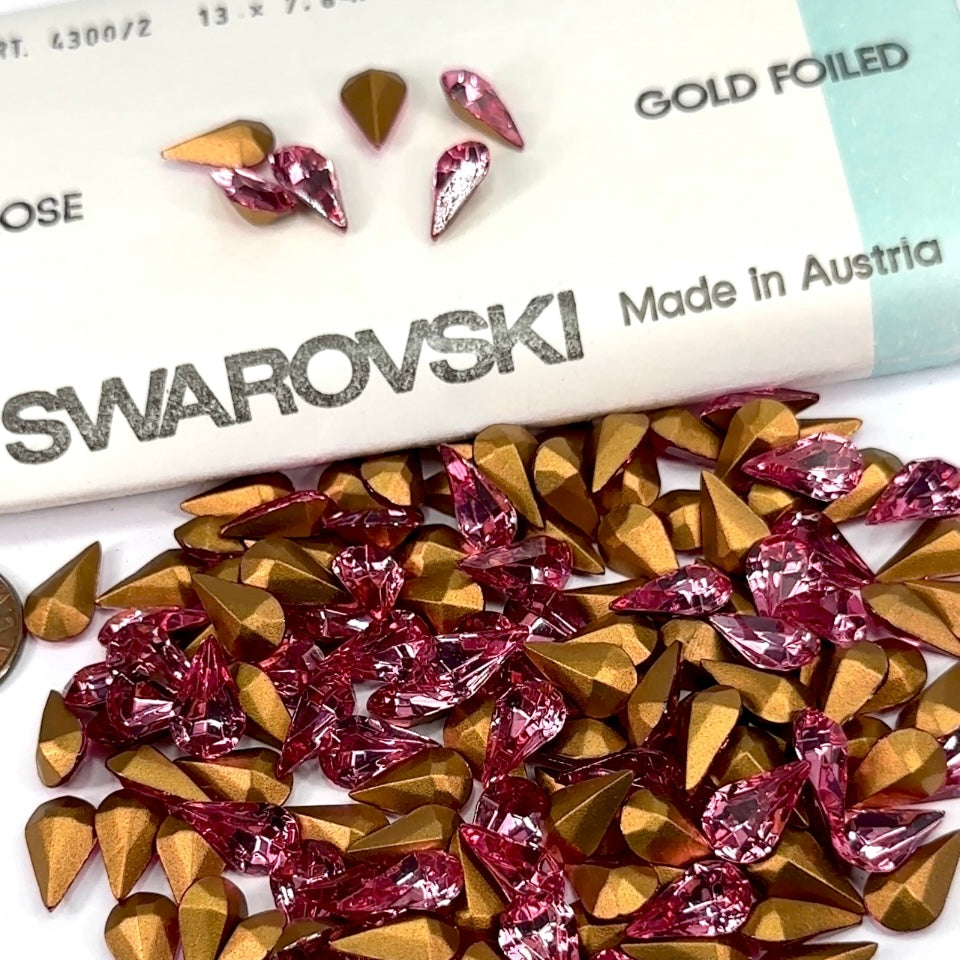 Swarovski Art.# 4300/2 TTC - Rose pink Gold Foiled Table Cut Pearshape Pointed Back Stones in size 13x7.8mm 144pcs SW091