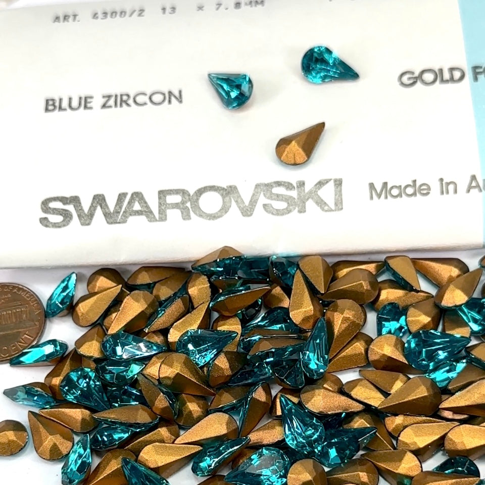 Swarovski Art.# 4300/2 TTC - Blue Zircon Gold Foiled Table Cut Pearshape Pointed Back Stones in size 13x7.8mm 144pcs SW092