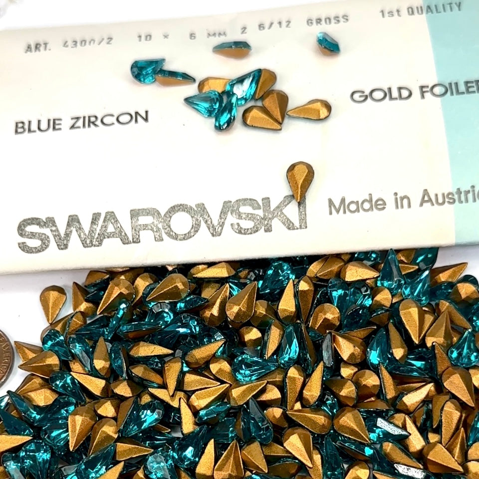 Swarovski Art.# 4300/2 TTC - Blue Zircon Gold Foiled Table Cut Pearshape Pointed Back Stones in size 10x6mm 360pcs SW093