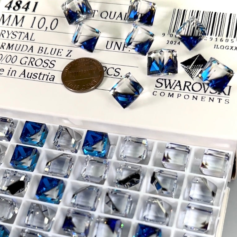 Swarovski Art.# 4841 - Crystal Bermuda Blue Z Angled Cut Corner 3/4 Offset Cube Fancy Stones 8pcs size 10mm SW105