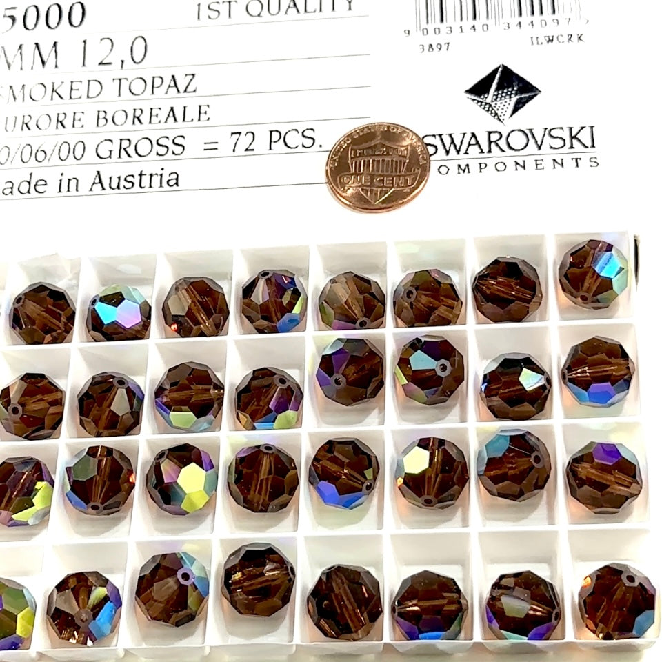 Swarovski Art.# 5000 - 12mm Smoked Topaz AB Round Crystal Beads 6pcs SW145