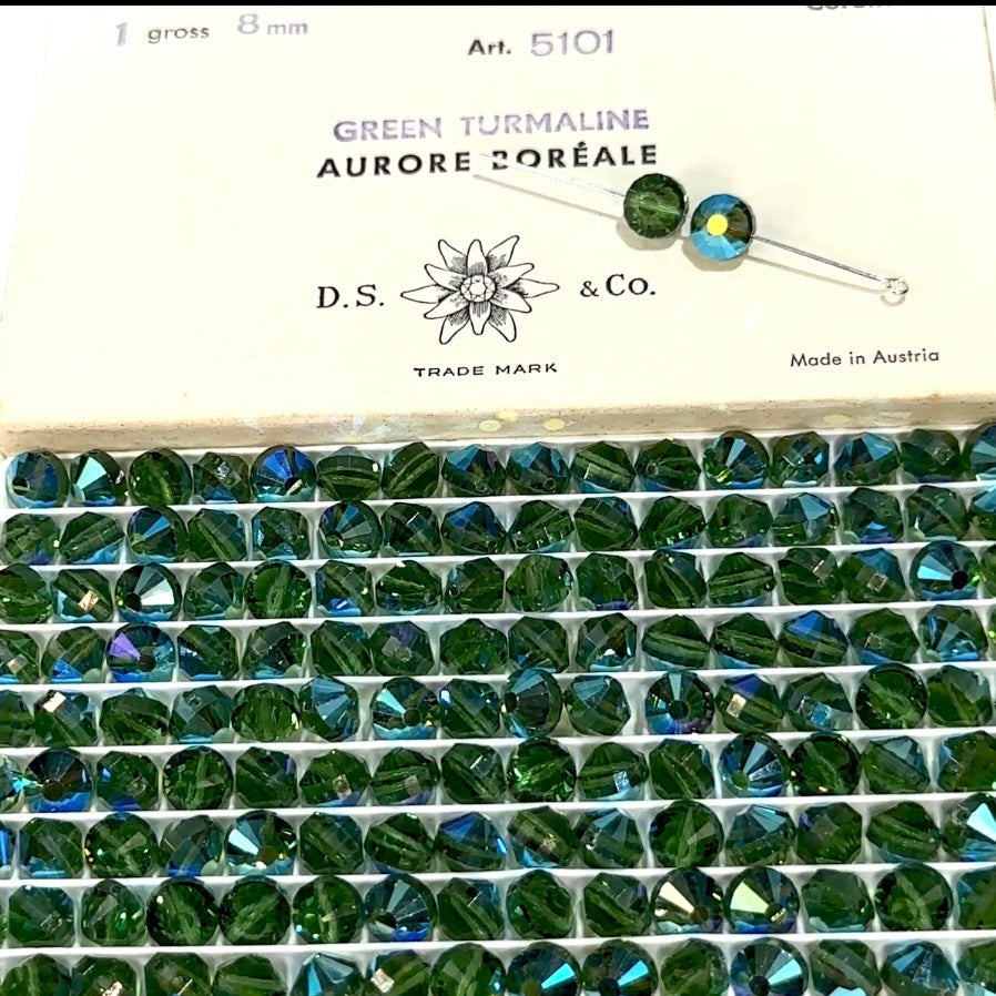 Swarovski Art.# 335/5101 - 8mm Green Turmaline AB Vintage Squished Crystal Lentil Aspirin Pill Spacer Beads SW233