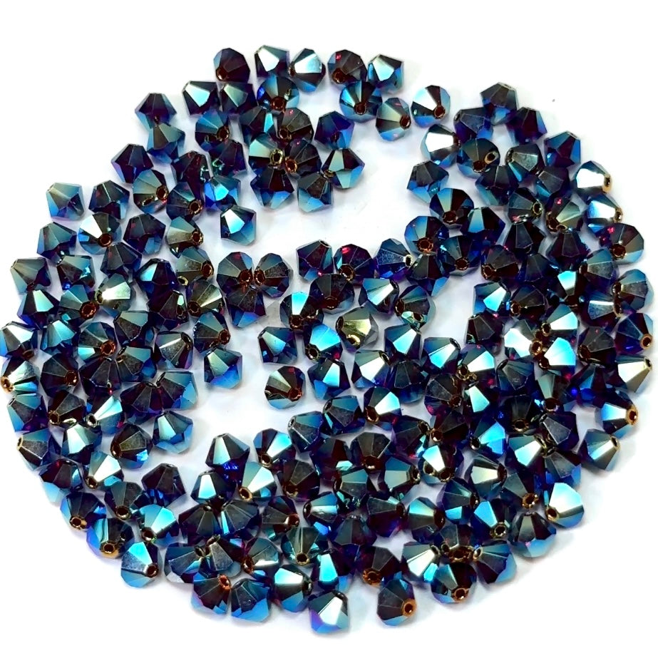Garnet full AB (AB2X), Czech Glass Beads, Machine Cut Bicones (MC Rondell, Diamond Shape), deep red crystals double-coated with Aurora Borealis, 6mm