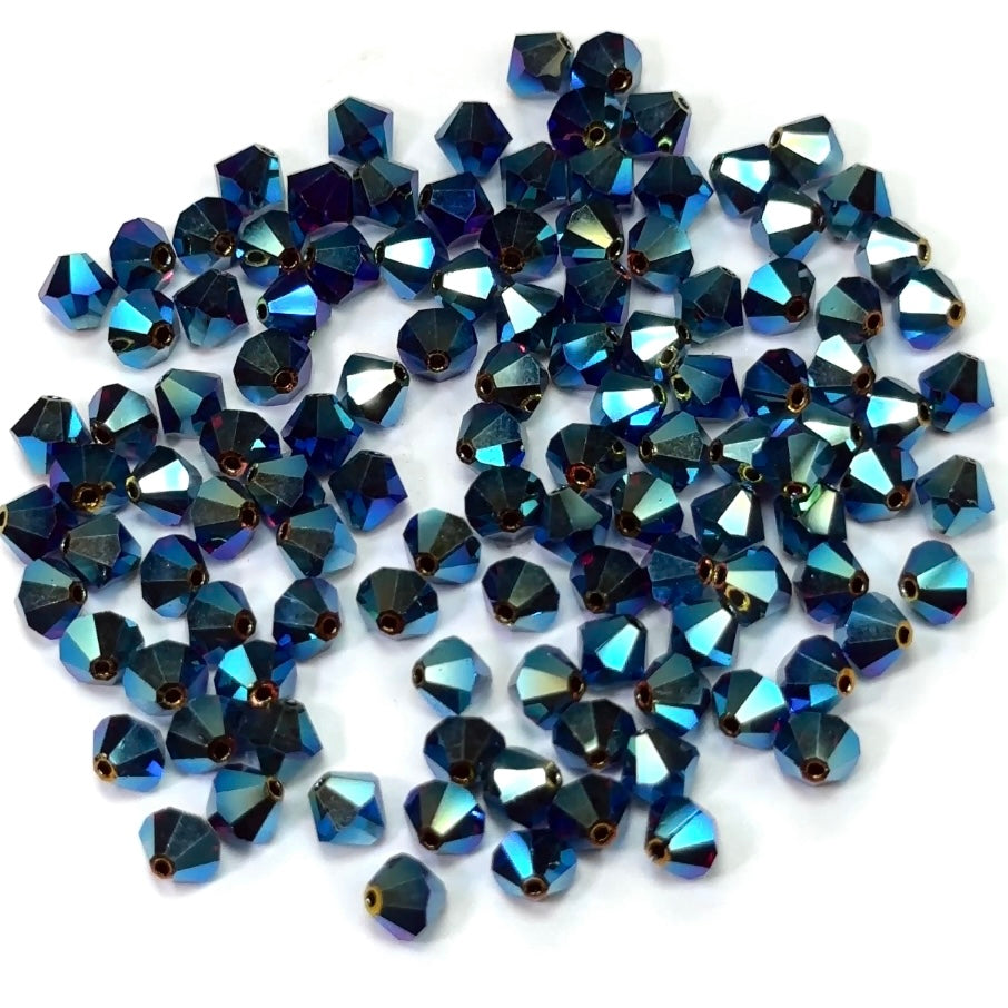 Garnet full AB (AB2X), Czech Glass Beads, Machine Cut Bicones (MC Rondell, Diamond Shape), deep red crystals double-coated with Aurora Borealis, 6mm
