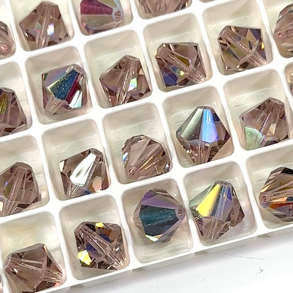 Light Amethyst AB Czech Glass Beads, Machine Cut Bicones (MC Rondell, Diamond Shape), light purple crystals coated with Aurora Borealis 8mm 12mm