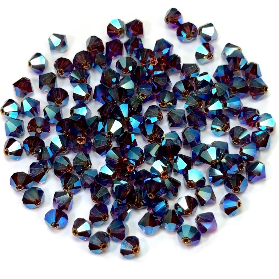 Light Burgundy full AB (AB2X), Czech Glass Beads, Machine Cut Bicones (MC Rondell, Diamond Shape), brown red crystals double-coated with Aurora Borealis, 6mm