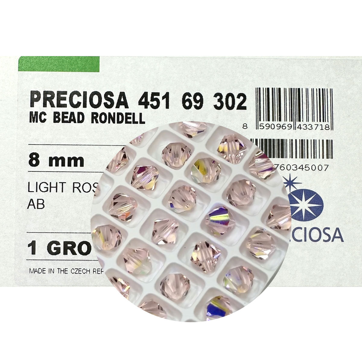 Light Rose AB, Czech Glass Beads, Machine Cut Bicones (MC Rondell, Diamond Shape), light pink crystals coated with Aurora Borealis, 8mm