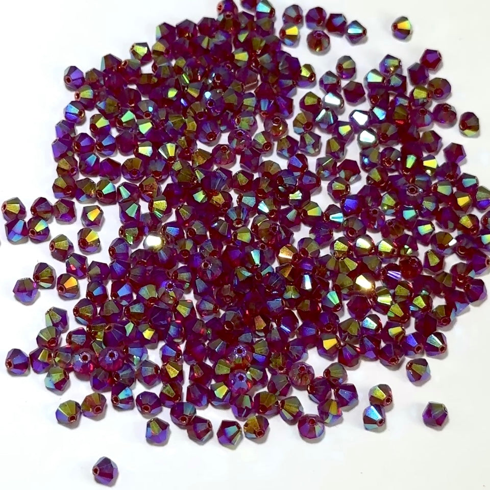 Siam Marvel-AB Czech Glass Beads Machine Cut Bicones (MC Rondell Diamond Shape) red crystals coated with RICH Aurora Borealis 4mm