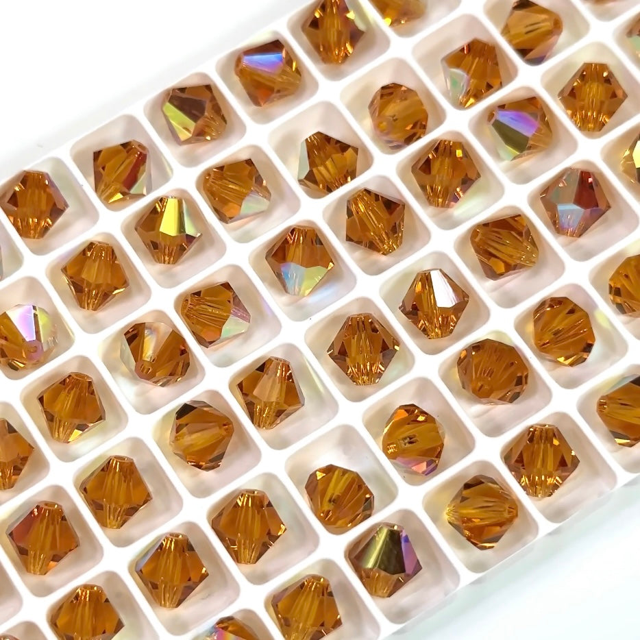 Topaz AB, Czech Glass Beads, Machine Cut Bicones (MC Rondell, Diamond Shape), light brown crystals coated with Aurora Borealis