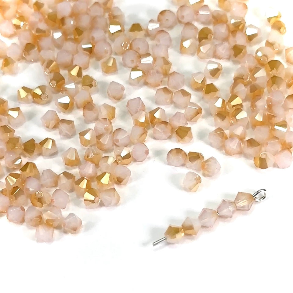 White Opal Light Celsian coated Czech Glass Beads Machine Cut Bicones (MC Rondell Diamond Shape) milky crystals coated with metallic celsianite 4mm