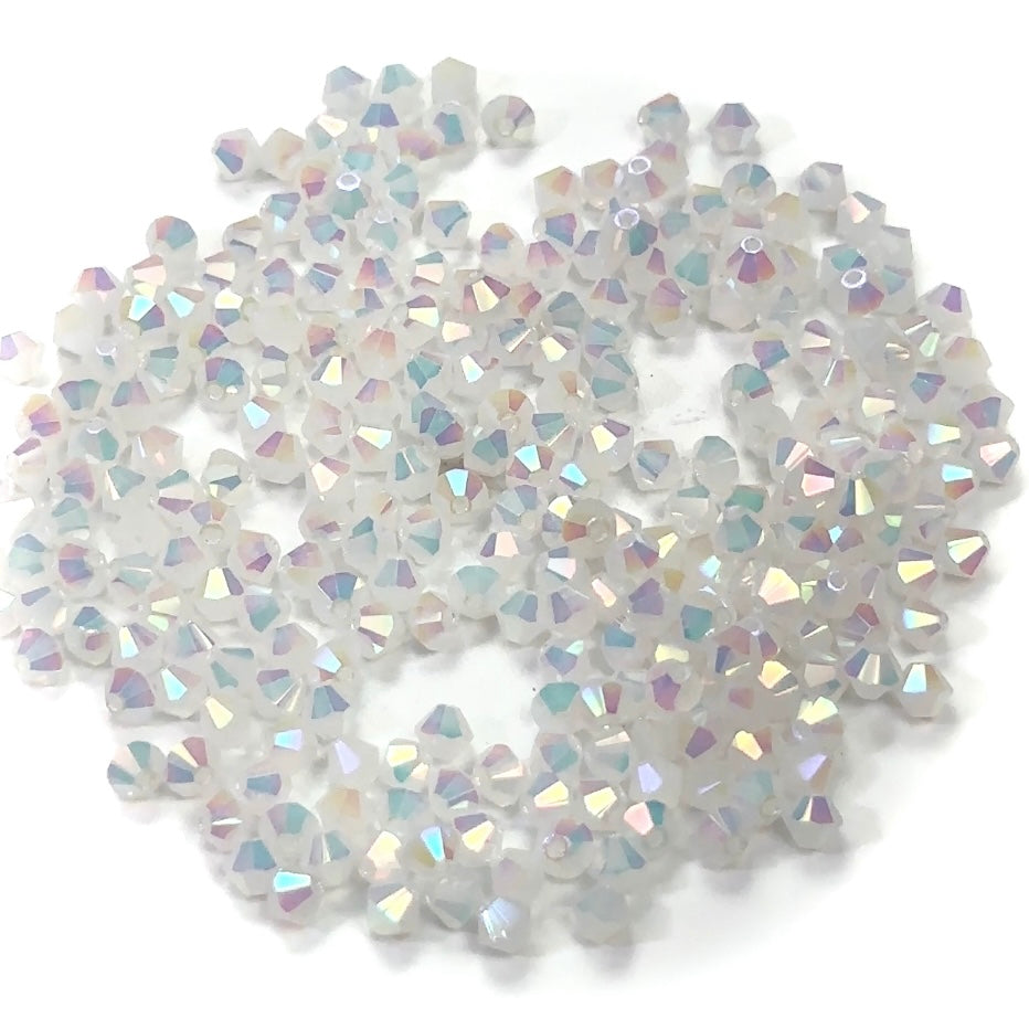 White Opal Marvel-AB, Czech Glass Beads, Machine Cut Bicones (MC Rondell, Diamond Shape), milky white crystals coated with RICH Aurora Borealis
