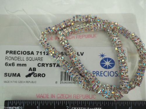 144 Preciosa Genuine Czech Rhinestone Squaredelles 6mm Crystal AB Silver Plated (Squaredelle, Square Rondelle)