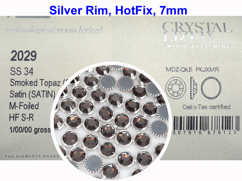 Swarovski Art.# 2029HF - Smoked Topaz Satin coated, Silver Rimmed HotFix Rhinestone Flatbacks, 7mm 34ss ss34