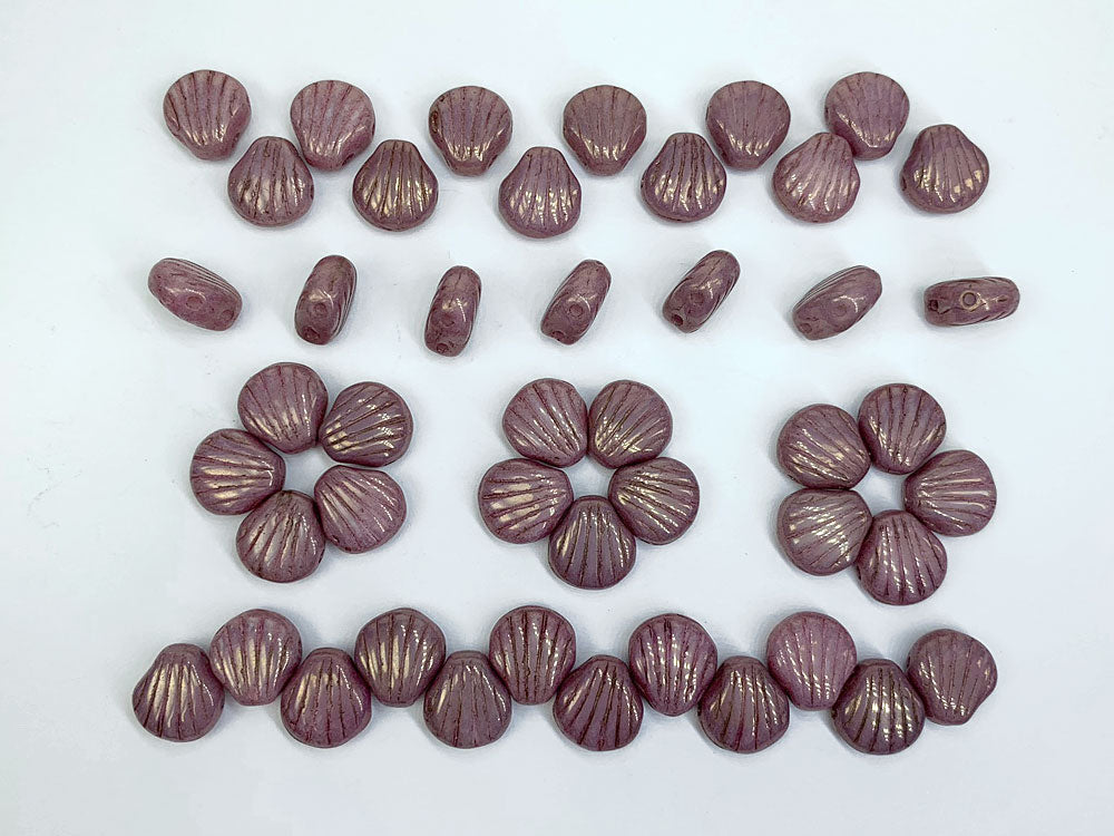 'Czech Glass Druk 2-hole Shell Beads 8x8mm Chalk White Purple Luster, 51 pieces, pressed, P333