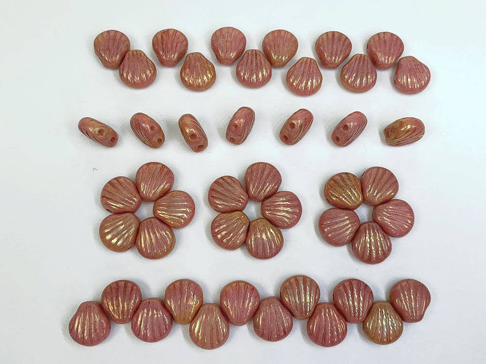 'Czech Glass Druk 2-hole Shell Beads 8x8mm Chalk White Red Luster, 51 pieces, pressed, P332