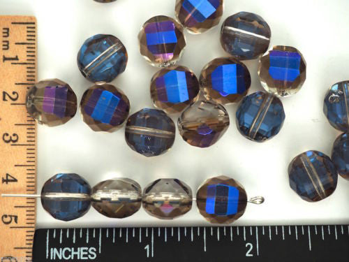 9 Czech Glass Flattened Multi Facet FP Beads 12mm Crystal Blue Iris, P122-9