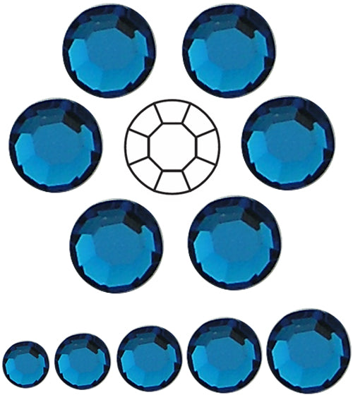 Capri Blue, Preciosa 8-faceted Chaton Roses Article 438-11-110 (8-ft Rhinestone Flatbacks), Genuine Czech Crystals, blue