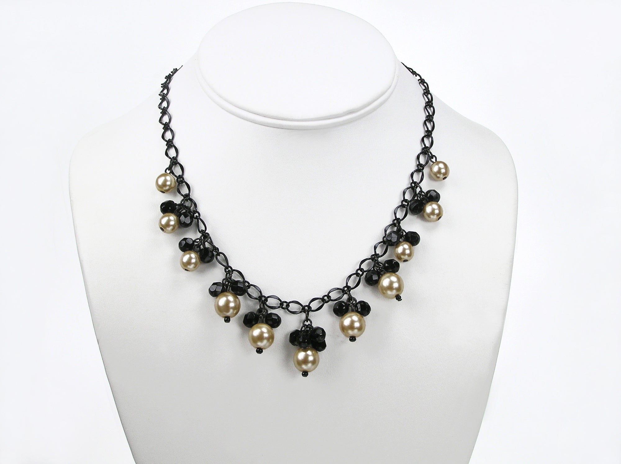 16 Inch Handmade Gold and Black Czech Glass Beads Dangle Necklace