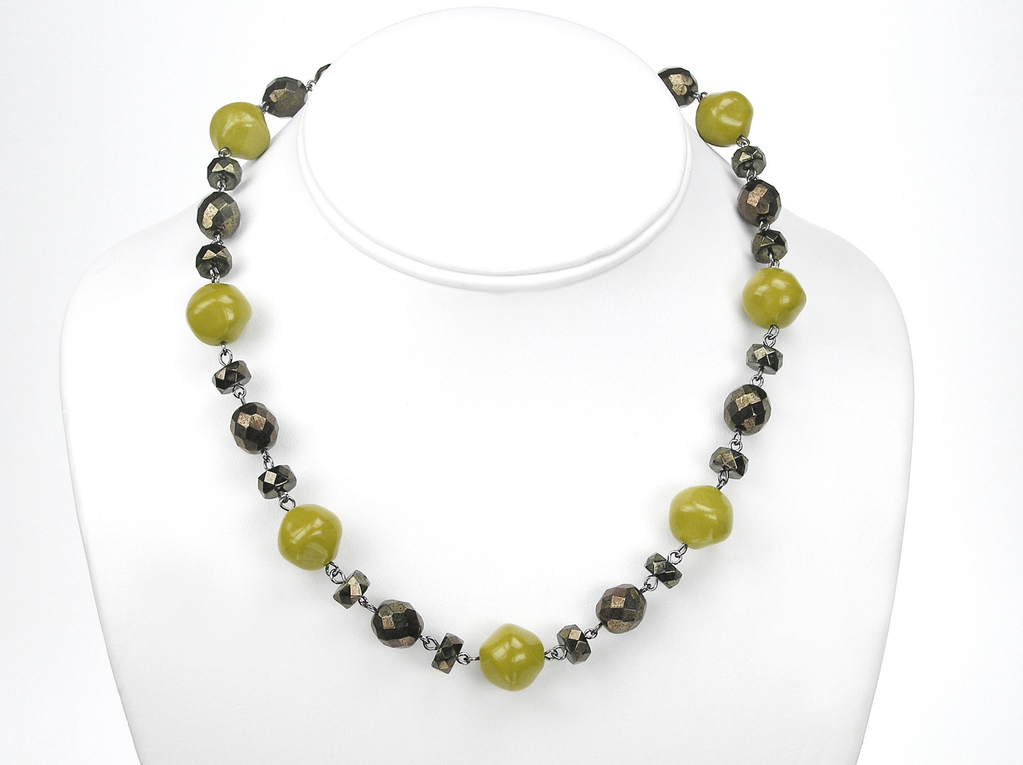 15.5 Inch Handmade Olive Green Metallic Czech Glass Bead Linked Necklace