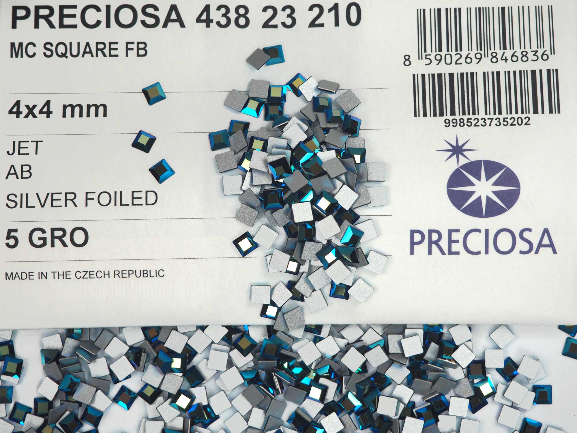 Jet AB, Preciosa Czech MC SQUARE Flatback Stones Style #438-23-210, 4x4mm, 144pcs, P841