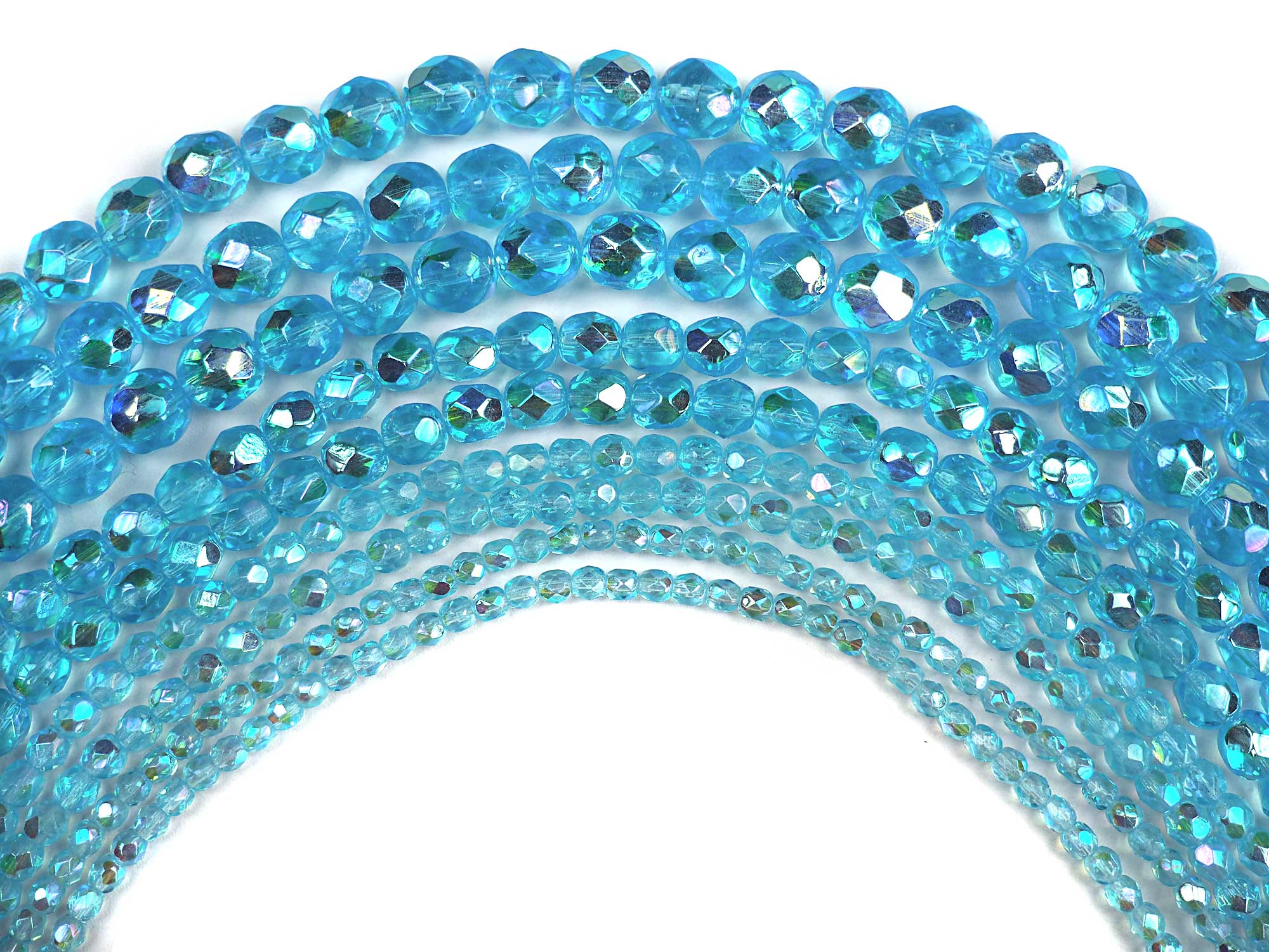 Aqua AB2X fully coated, Czech Fire Polished Round Faceted Glass Beads, 16 inch strand, Aquamarine double coated with Aurora Borealis