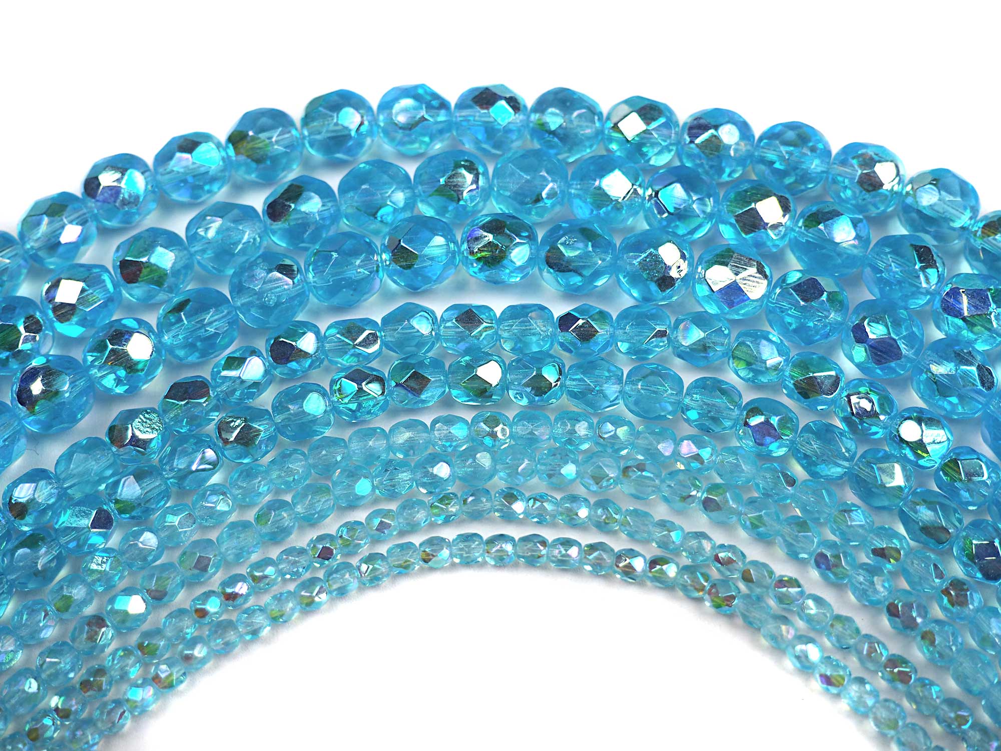 Aqua AB2X fully coated, Czech Fire Polished Round Faceted Glass Beads, 16 inch strand, Aquamarine double coated with Aurora Borealis