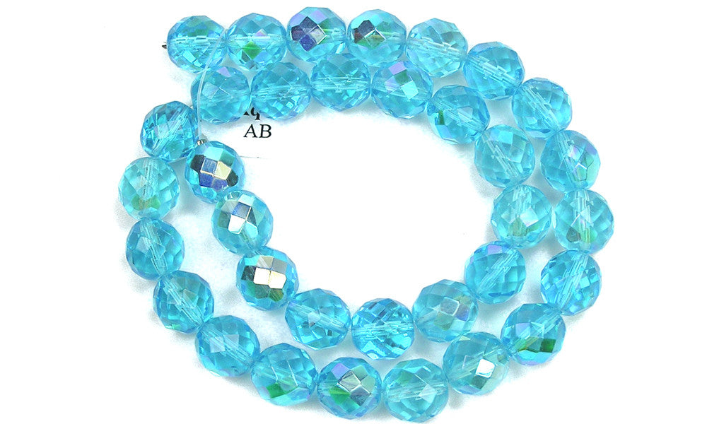 Aqua AB coated, Czech Fire Polished Round Faceted Glass Beads, 16 inch strand, Aquamarine coated with Aurora Borealis